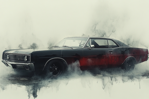 classic muscle car with a sleek black and red paint job, set against a smoky and abstract background