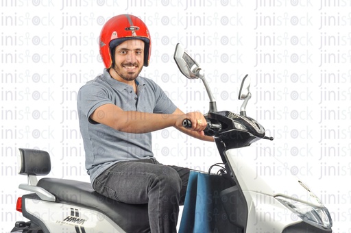 A male courier wearing red helmet and riding a white scooter