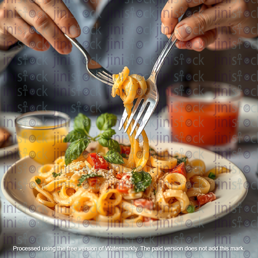 two eating pasta with red sauce