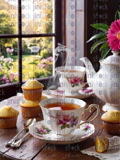 teacup with tea wooden table white teapot cupcakes  pink flower vase garden  window