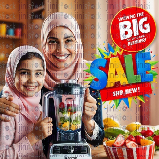 big sale offers lady  holding blender with daughter