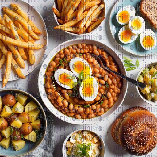 Egyptian breakfast mashed beans with olive oil boiled eggs slices  potato cheese salad healthy bread  spring onion