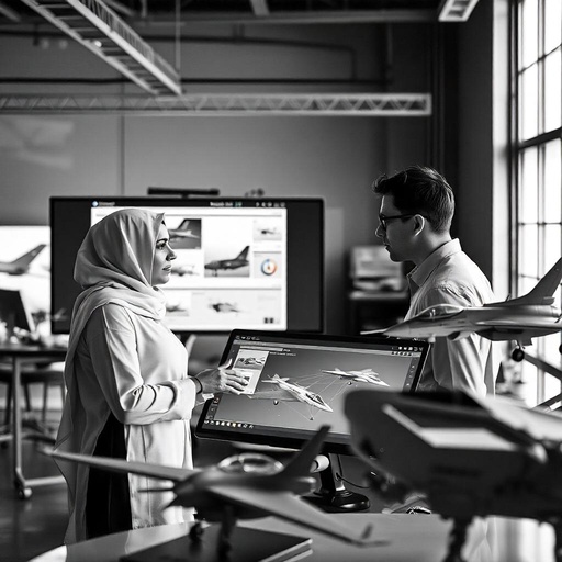 vieled arabic woman talking to presenter in an aircraft exhibtion