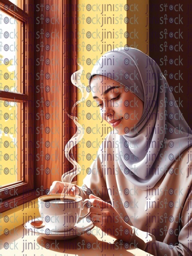 Arabic woman sitting by the window drinking her morning coffe