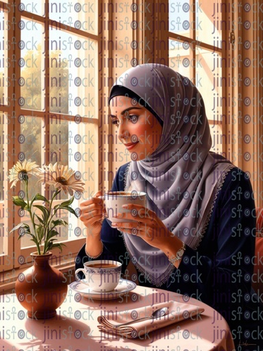 lady with hijab having morning coffee by the window