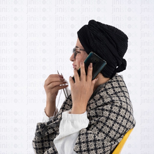 old woman talking on the phone sideview