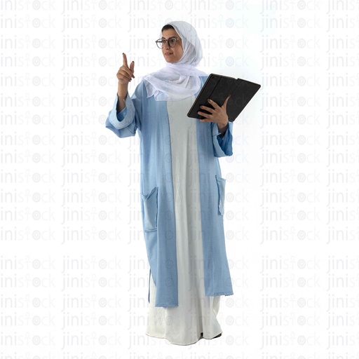 Veiled woman pointing while holding an ipad