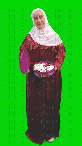 An Egyptian woman holding a box of Chocolate containing Threads for sewing