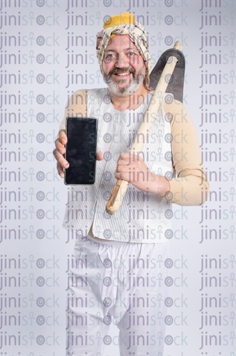 An Egyptian peasant man carrying an axe and a mobile