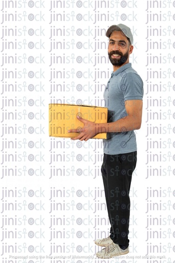 delivery man standind holding a box while looking to the camera