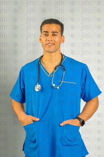 A male Egyptian doctor wearing a stethoscope.