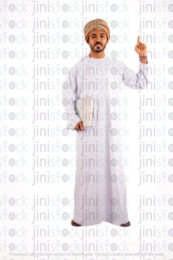 omani arab khaliji man from gulf pointing up at something