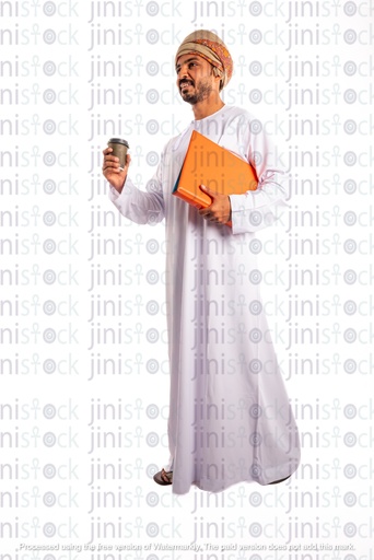 omani khaliji arab from gulf walking while holding a file and coffee travel cup