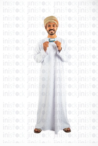 Omani khaliji man from gulf holding visa card