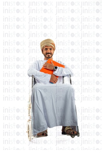 Omani khaliji man from gulf on a wheel chair holding a file