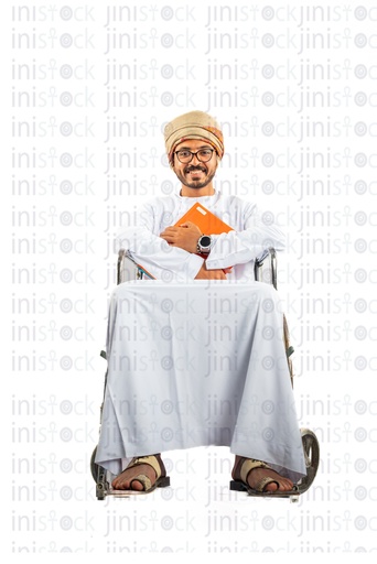 omani khaliji arab college student man holding a file from gulf on a wheel chair