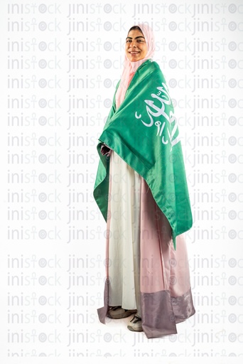 Khaliji arab woman from gulf saudi wearing ksa flag