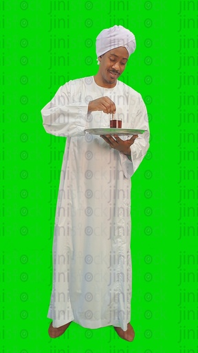 An Egyptian Nubian man or an upper Egyptian man holding a tray of tea, stirring the tea, and taking a sip of tea.