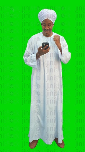 Video of a Nubian man or an Upper Egyptian man texting on a phone happily, and recommending something on a mobile phone, happily