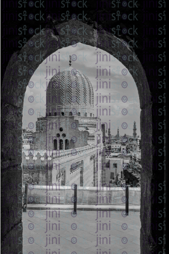 Dome of the mosque through window in black and white - stock image