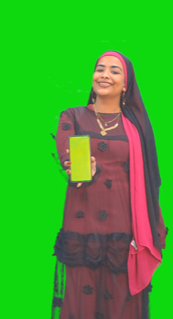 An Egyptian Farmer girl or a Nubian woman holding a mobile and recommending a mobile application