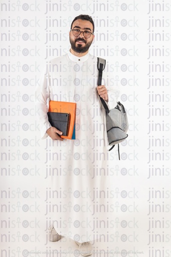 a khaliji saudi student man carrying a backpack stock image on isolated background