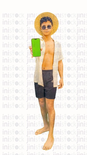 A man wearing a sea outfit, and recommending using the Mobile app or something that can have its image placed on the mobile phone. This photo expresses summer vibes