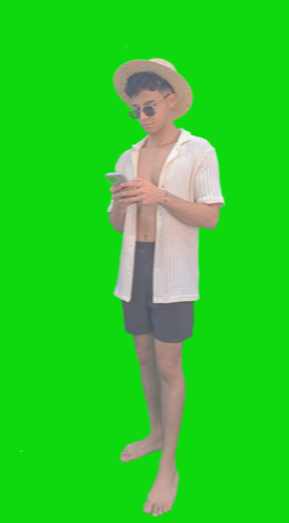 egyptian man wearing summer outfit and texting on mobile and show it to the screen