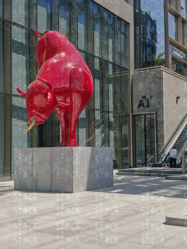 Red sculpture at entrance