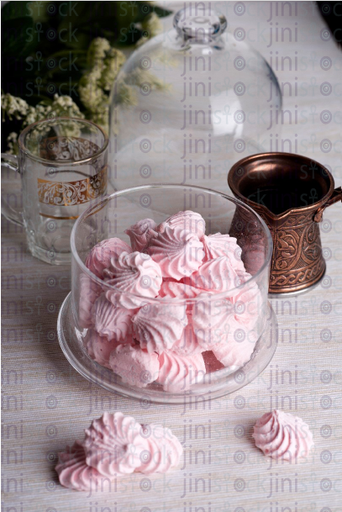 pink marshmallow in glass bowl - stock image