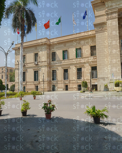 Flags fluttering over the university building