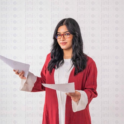 khaliji woman holding reports stock image