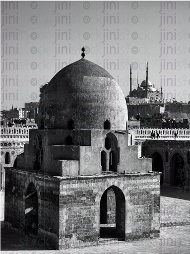 Ablution from inside Amr Ibn Al-Aas Mosque - black and white - stock image