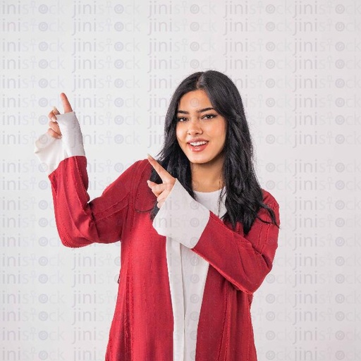 khaliji woman with red dress pointing up with both fingers stock image