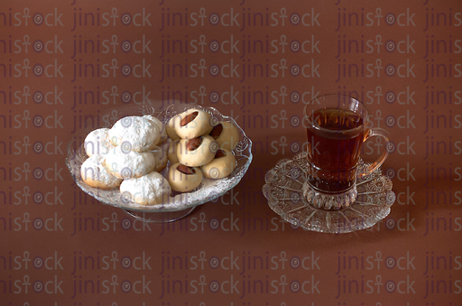 Kahk with eid biscuits and tea -stock image